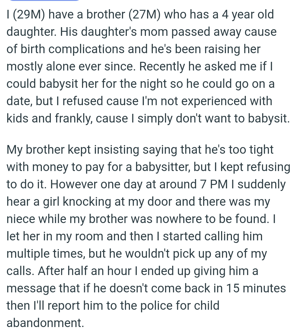 OP refused babysitting because he's not experienced with kids