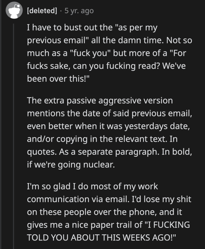 5. This has already been discussed. To you. Specifically. It's not my fault you didn't check your inbox.