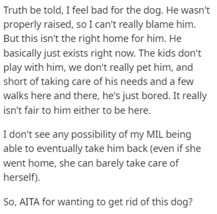 OP feels bad for the dog but believes that getting rid of him is the only solution