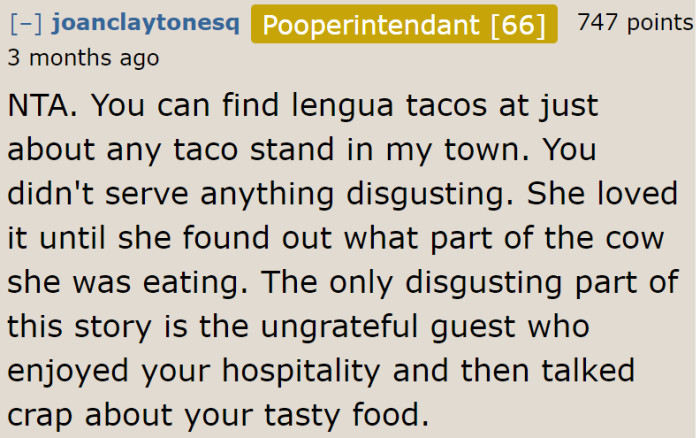 She enjoyed the food enough to ask for a recipe. She shouldn't complain.