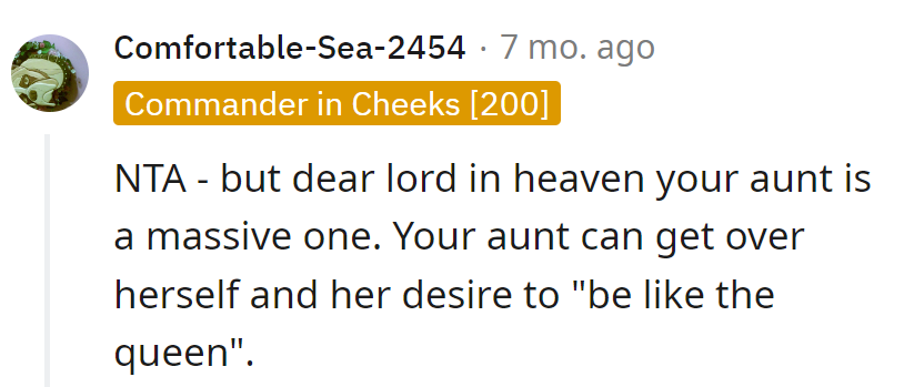 Aunt's 'Queen' fantasy needs a reality check. Someone hand her a royal-sized mirror, pronto!
