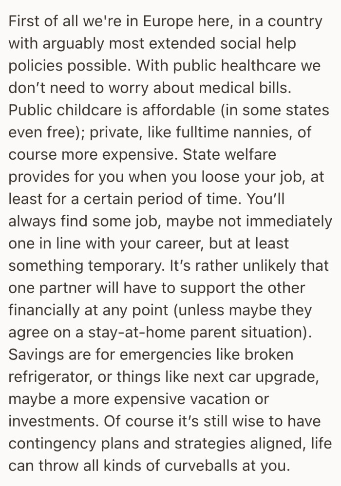 She explains that in her country, safety nets and affordable childcare influence how couples view savings, shared bills, and long-term planning.