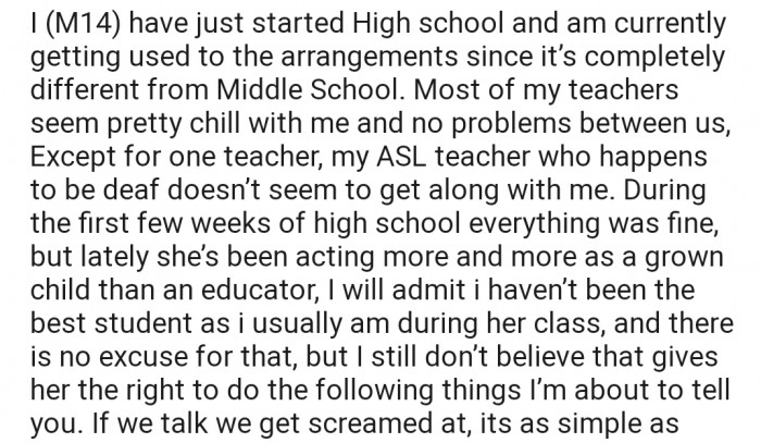 OP explained that he and his ASL teacher, who happened to be deaf, don't get along