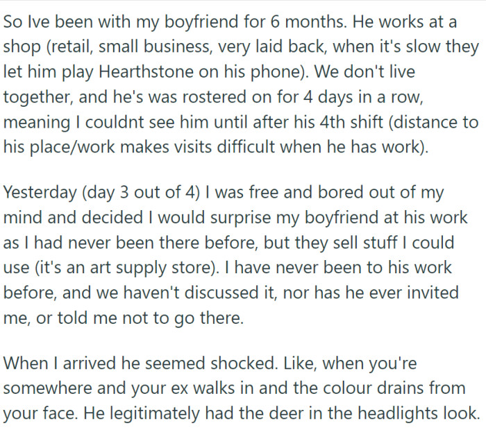 OP has been dating her boyfriend for six months and decided to surprise him at his workplace.