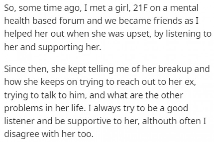 OP met this girl on a mental health forum and they bonded by being there for each other in times of need
