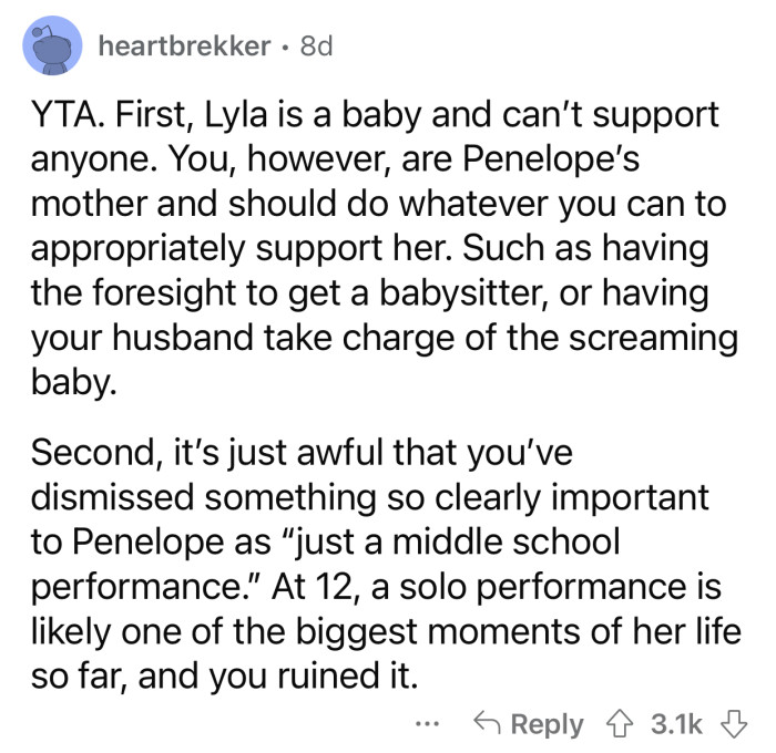 “At 12, a solo performance is likely one of the biggest moments of her life so far, and you ruined it.”