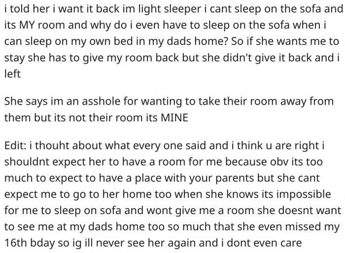 She wants her room back, but here's what Reddit thinks.