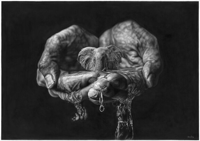 Hyperrealistic pencil drawing titled The Gardener, showing community connection themes and a mask