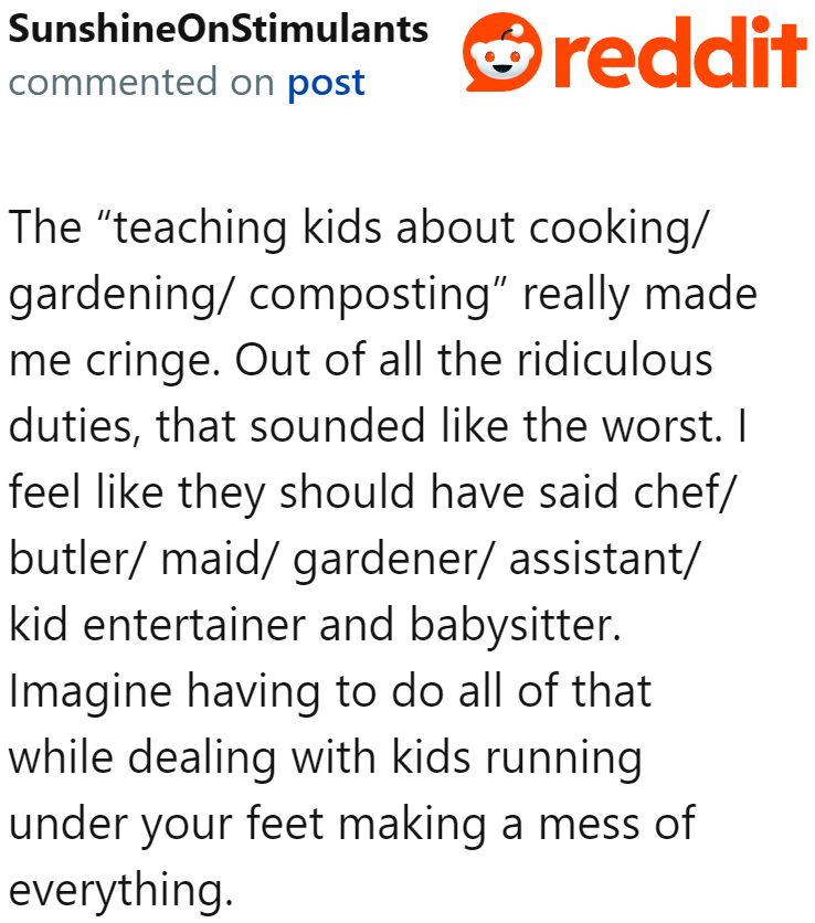 User lists down all the jobs expected of this employer's personal chef.