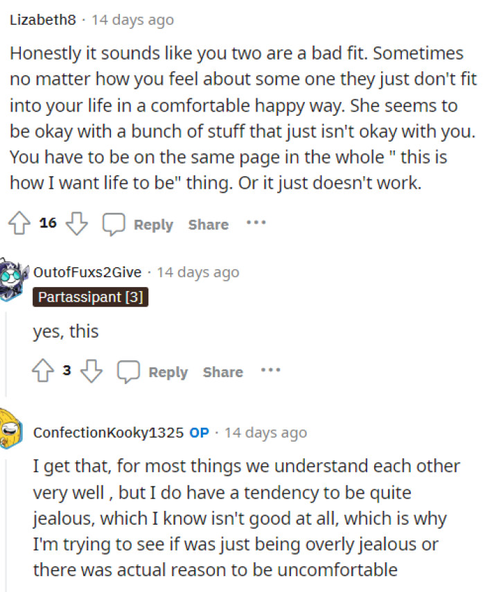 The comments remained consistent, stating that OP is NTA and that perhaps they shouldn't be together.