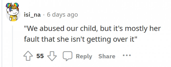 This is a short summary of what OP said in her Reddit post. Period.