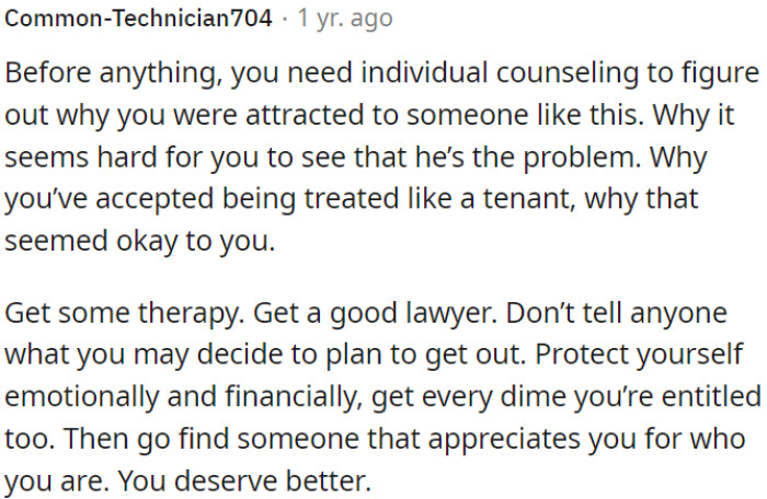 OP must seek therapy and legal aid discreetly, securing emotional and financial protection