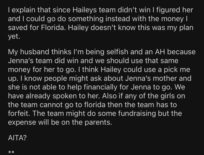 OP's husband accused her of being selfish and an AH.