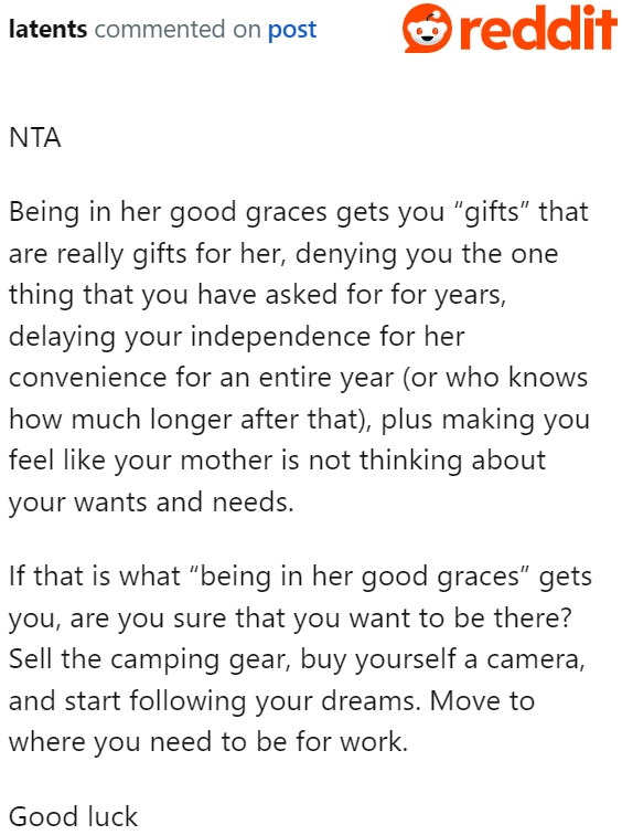 Unfortunately, the camping gear is being used under the guise of the OP's graduation gift.