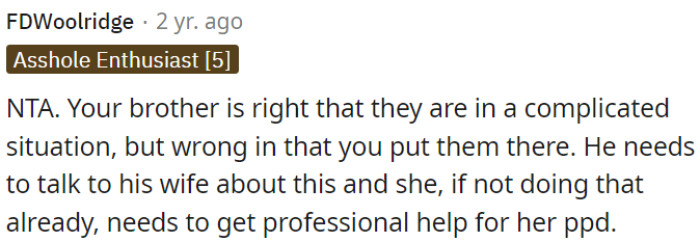 OP's brother is incorrect in placing blame on OP for their predicament