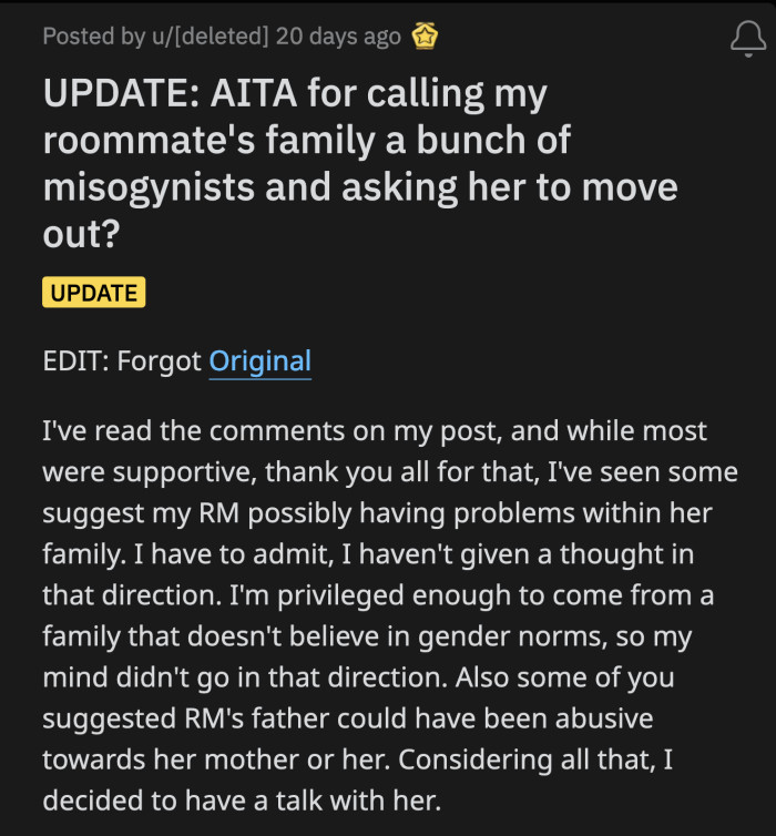 OP listened to the advice asking her to show her roommate some grace. Maybe she was scared to stand up for OP against her own family due to issues concerning them?