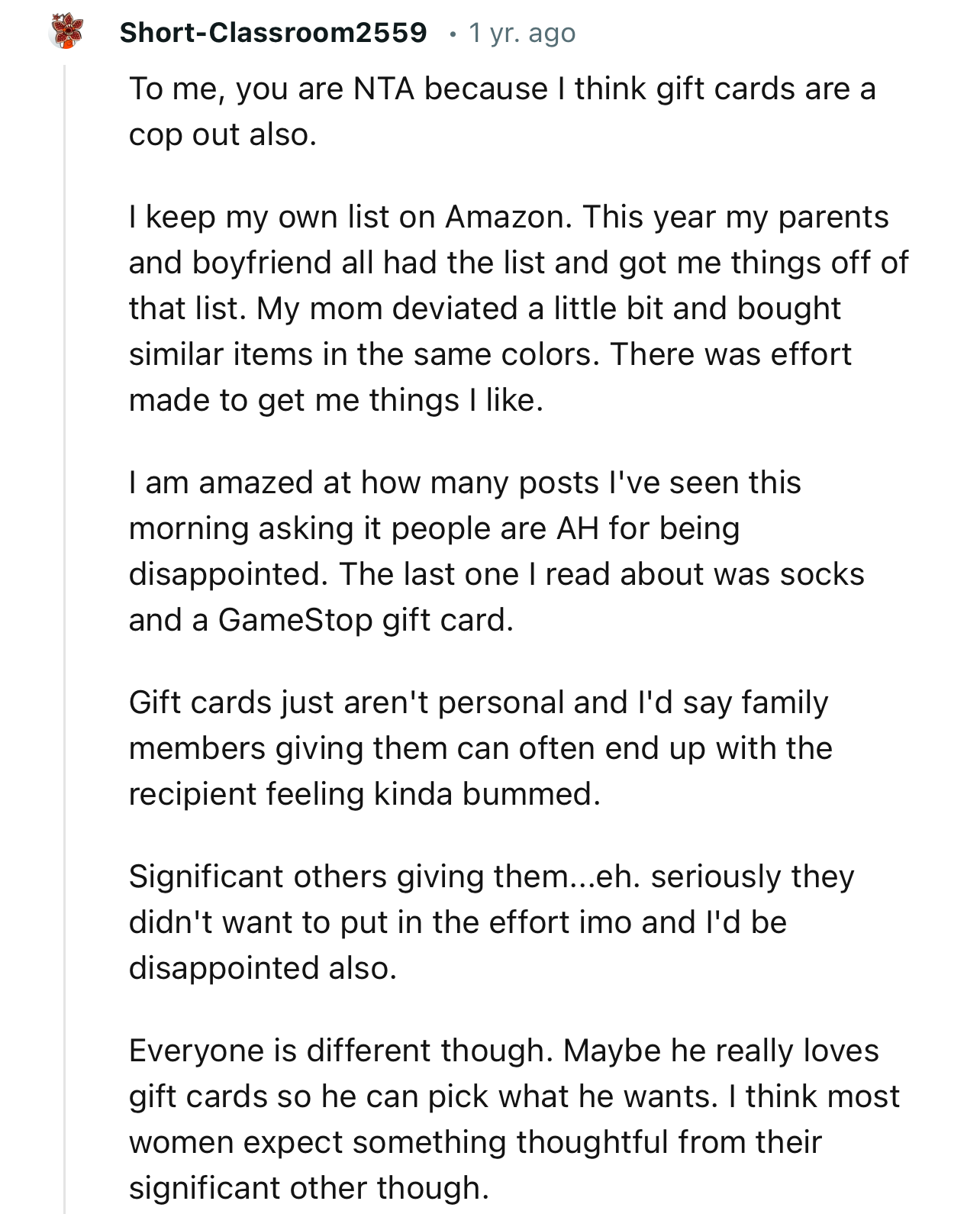 “To Me, You Are NTA Because I Think Gift Cards Are a Cop-Out Also.”