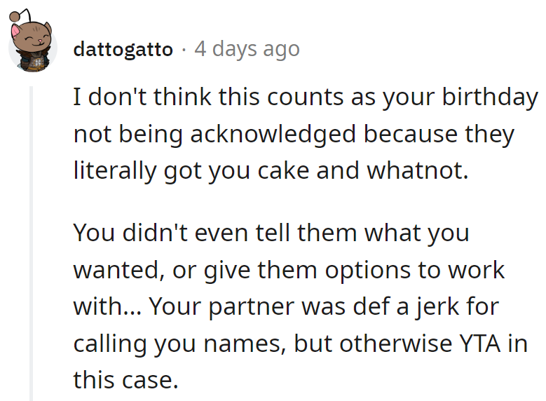 Cake's in, but options are out. Partner's name-calling aside, time to dish out some ideas!