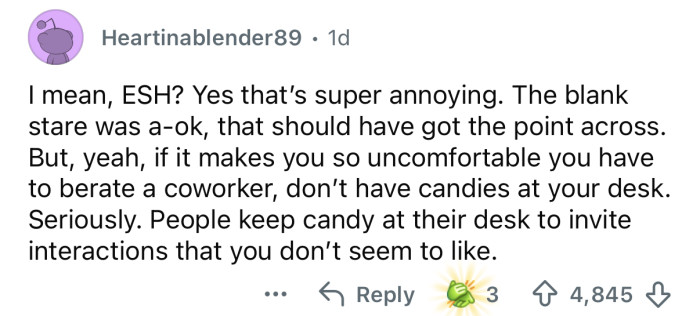 Person holding a small candy bag, discussing workplace reactions online.