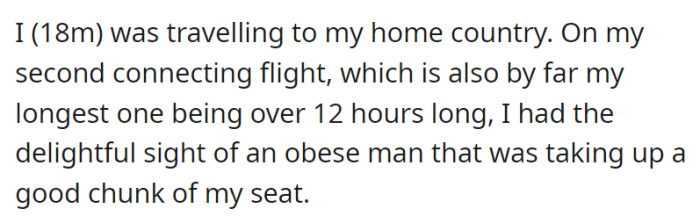 Traveling to their home country, OP’s 2nd connecting flight was gonna be one heck of a plane ride. He sees that his seatmate occupies a large part of his seat.
