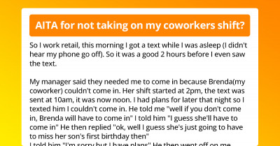 Guy Gets Blasted By Coworker After Refusing To Cover Her Shift So She Could Be At Her Son's First Birthday, Gets Called A "Childless Man Child"