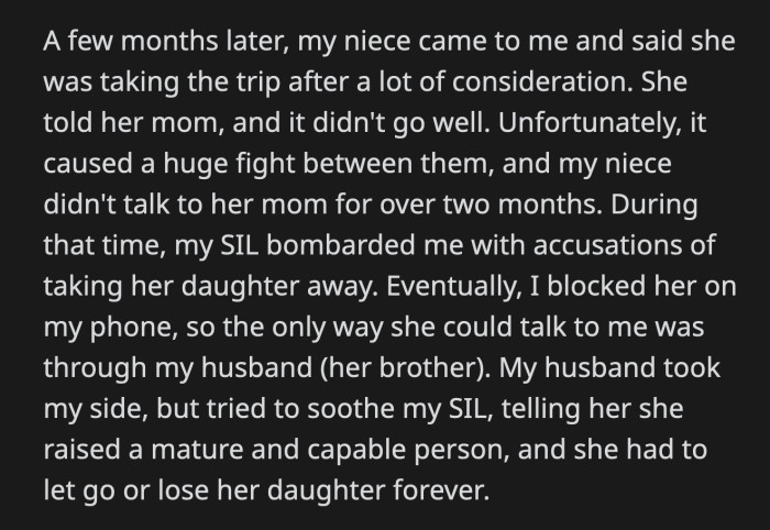 OP's niece decided to go on the road trip a few months later. She and her mom had a falling out because of it. OP's sister-in-law blamed her for what happened.