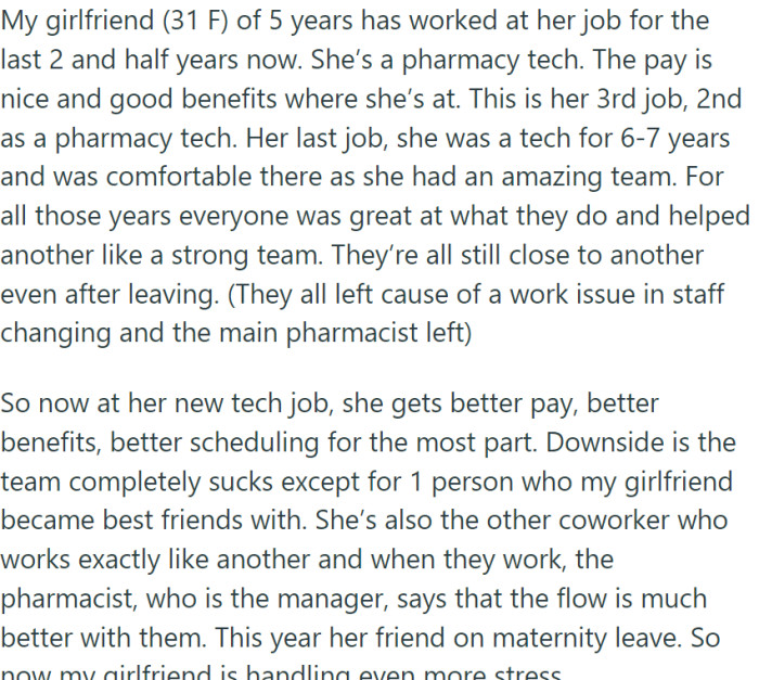 His girlfriend's been working as a pharmacy tech for nearly ten years. Her first job was great – good team, everyone got along well, but they all left because of a big management shake-up.