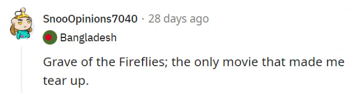 18. How can anyone not tear up with Grave of the Fireflies? That movie was heartbreaking!