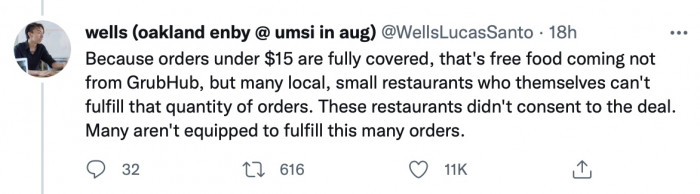 Do you believe the complimentary meal comes from GrubHub? Wells says no.