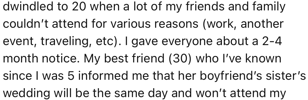 OP’s party list became shorter due to friends' various engagements; even OP’s best friend won't attend due to her boyfriend’s sister's wedding, which is held on the same day.