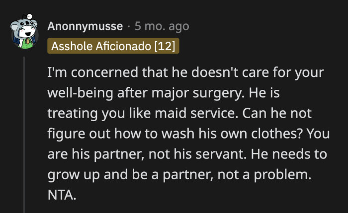 Shouldn't this guy be embarrassed that his partner's mom washes his dirty clothes for him?