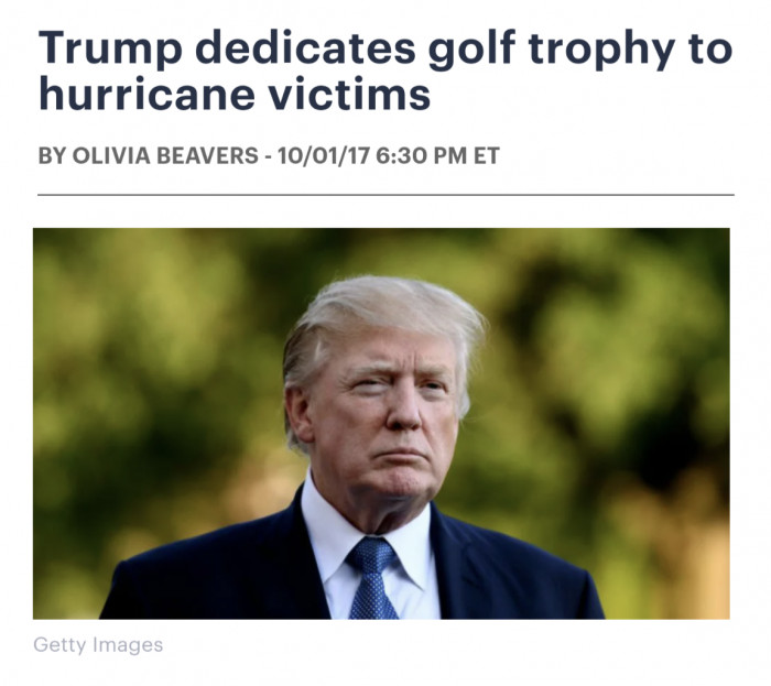 Trump dedicates golf trophy to hurricane victims