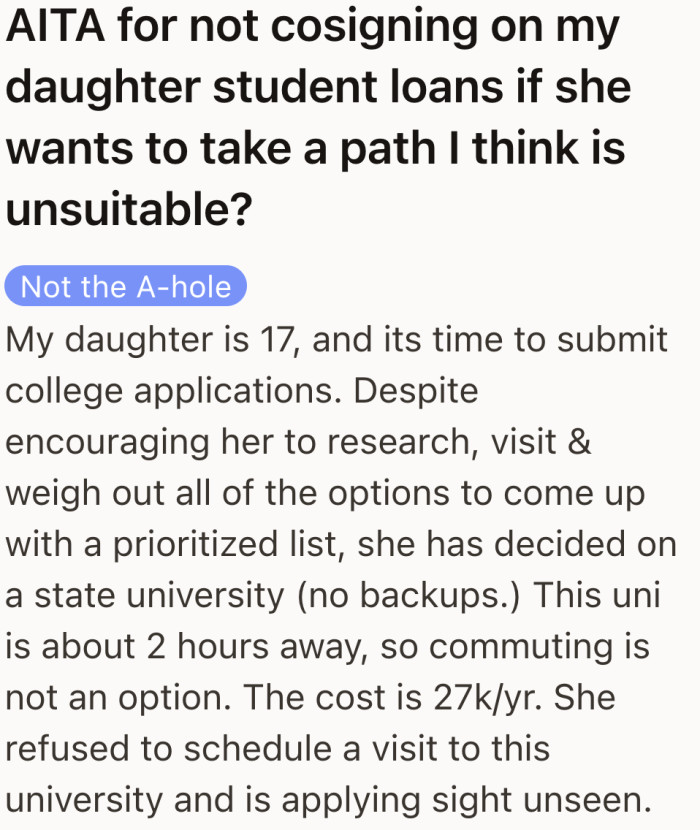 A parent describes the moment she realizes her daughter’s dream school comes with more risks than preparation.