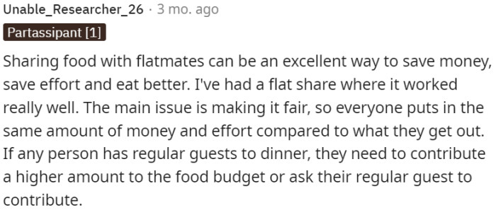 Sharing food with flatmates can save money and effort, but fairness is crucial in terms of contributions