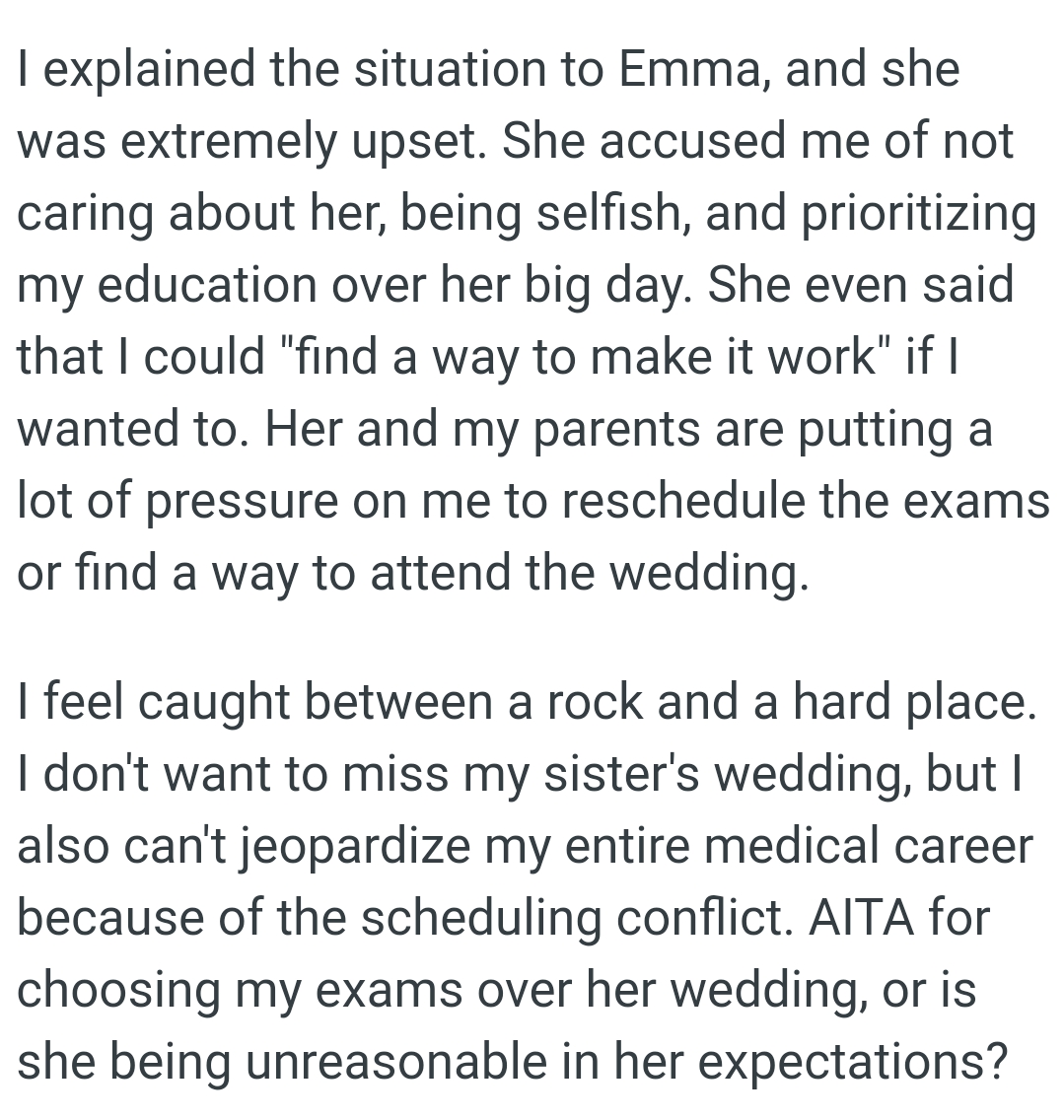 OP can't jeopardize her entire medical career because of the scheduling conflict