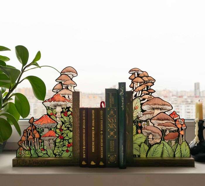 "Handmade Stained Glass Book Ends With Mushrooms"