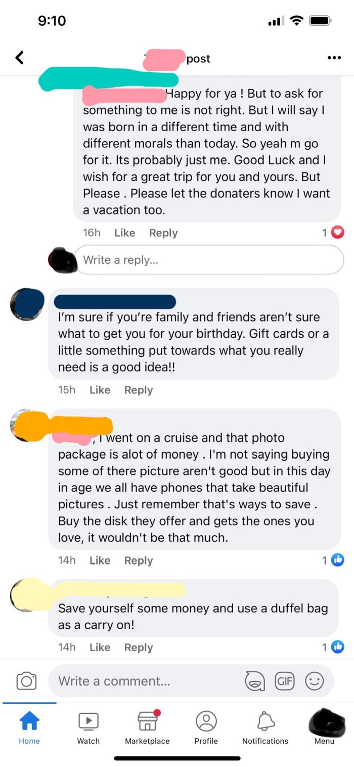 Instead of monetary donations, she received helpful tips on how to make her trip more economical