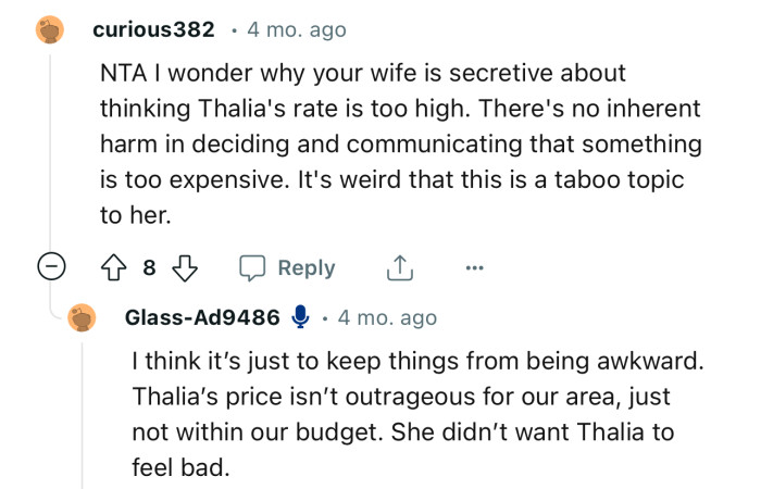 “NTA I wonder why your wife is secretive about thinking Thalia's rate is too high.”