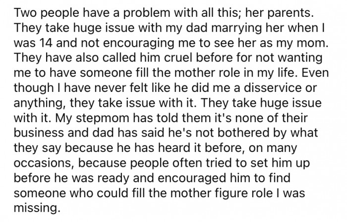 Her stepmother's parents have never liked the fact that she married OP's dad but have never viewed her as a mother.