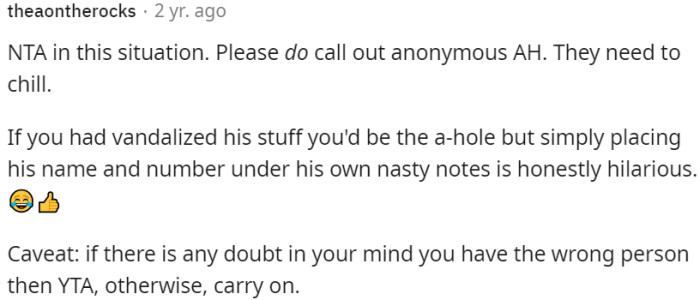 Placing their name and number under their own nasty notes is funny, not vandalism