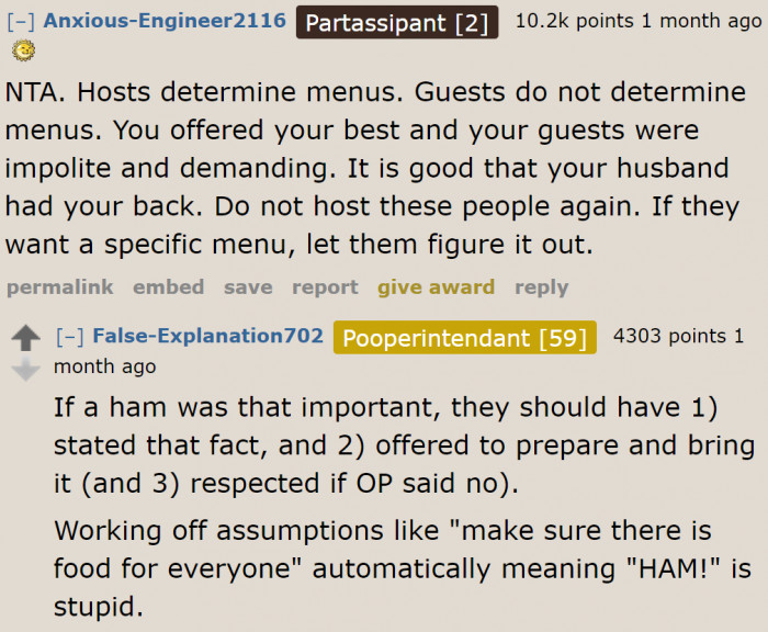 The in-laws were wrong for assuming she'd serve ham even though she's a vegetarian.