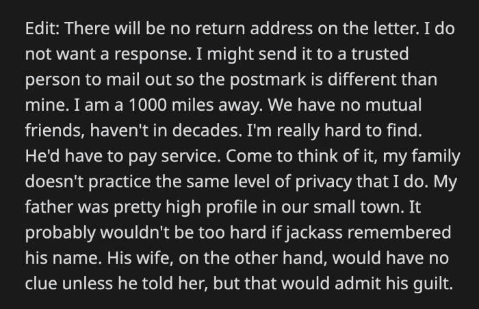 OP is not looking for a response from Jack, and she is thinking of how to best send the letter without revealing her identity and location.