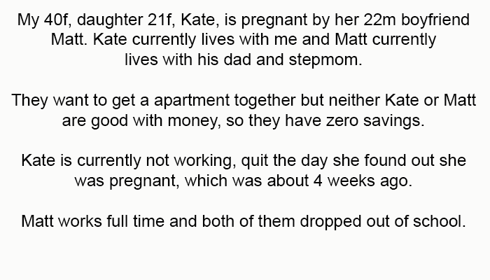 OP starts - My 40f, daughter 21f, Kate, is pregnant by her 22m boyfriend Matt.