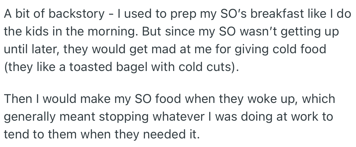 In the past, OP used to make breakfast for their partner along with the kids. But since their partner usually got up late, the breakfast would turn cold. This meant that OP had to resort to making breakfast for the kids and their partner separately.