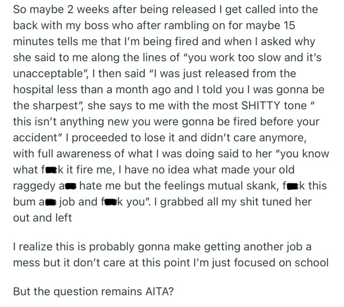 OP ended up getting fired, but he gave his boss a piece of his mind before leaving