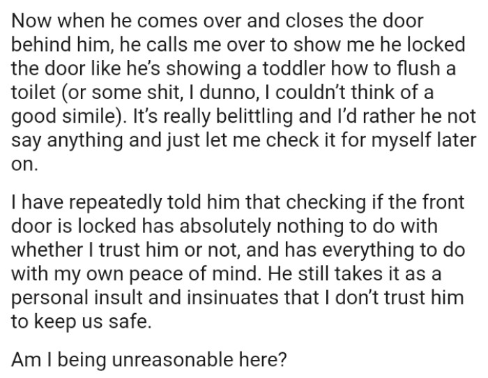 It’s really belittling, and the OP prefers her boyfriend not to say anything and just let her check it for herself