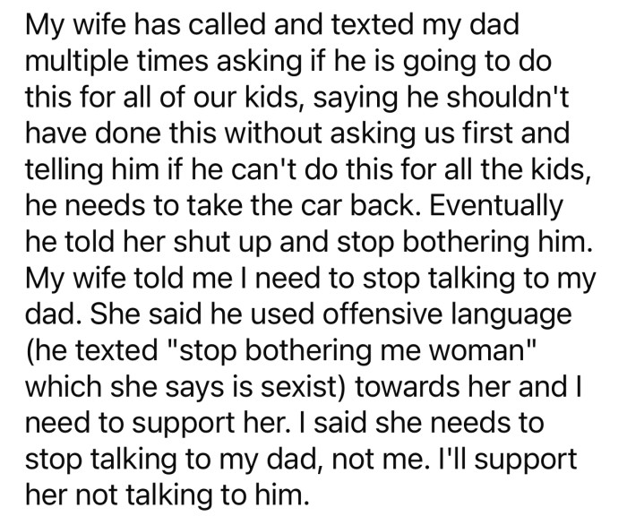 OP's wife decided to ruin the gesture by harassing her FIL and expecting more from him.