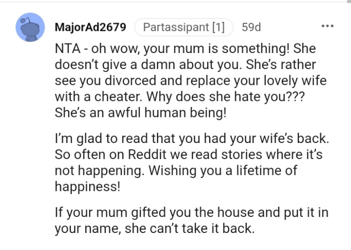 This Redditor is glad that the OP stood by his wife's side