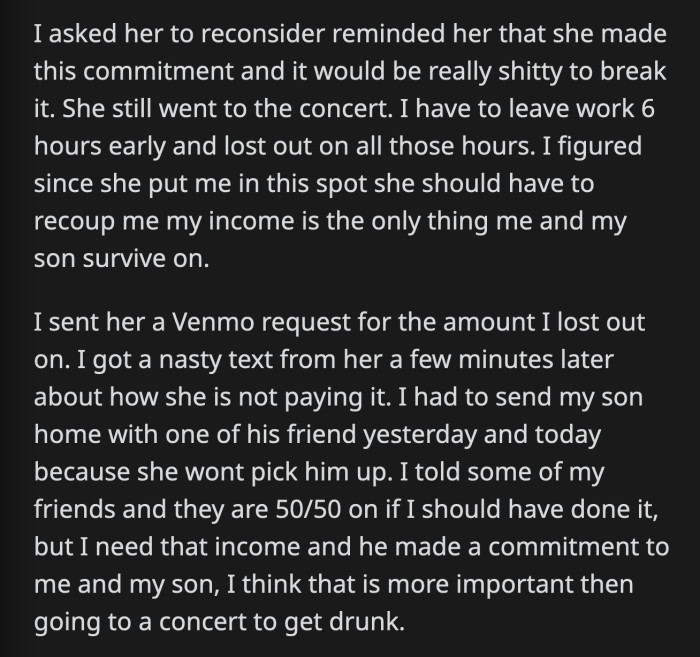 OP thinks her sister-in-law shouldn't have broken her commitment just to go to a concert and drink