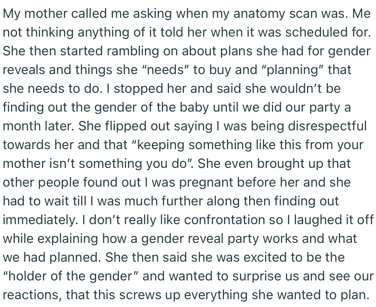 OP’s mom approached her, insisting that she wanted to plan the gender reveal party